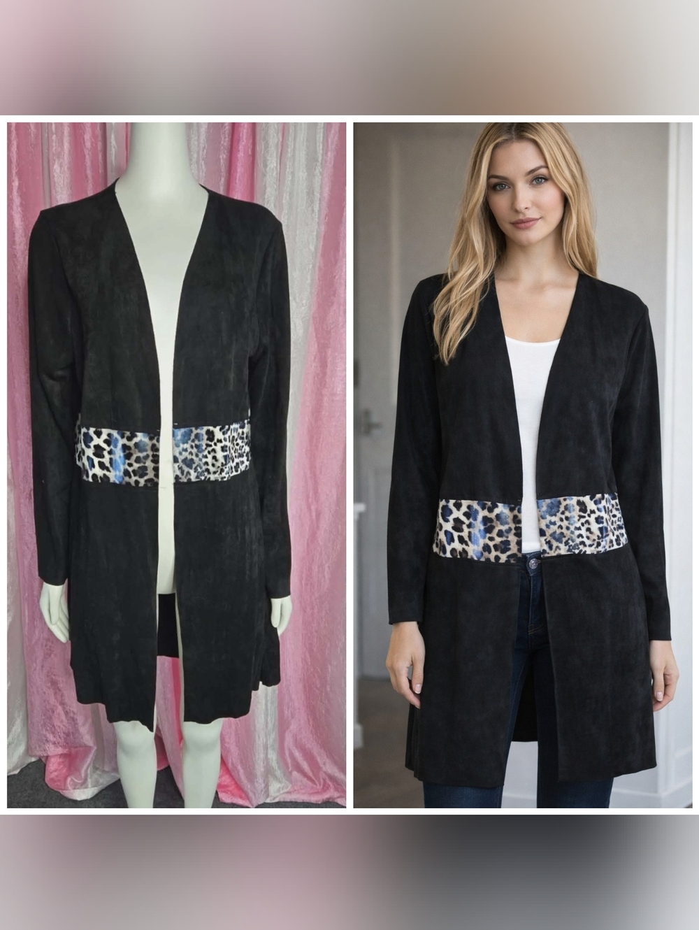Vocal Leopard Black Ultra Faux Suede Mid Length Open Jacket Size Large